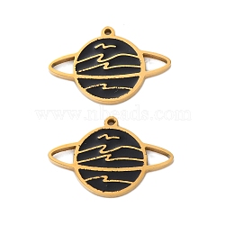 Ion Plating(IP) 304 Stainless Steel Enamel Pendants, Real 18K Gold Plated, Planet Charm, Black, 14x21x1.5mm, Hole: 1mm(STAS-M102-51G)