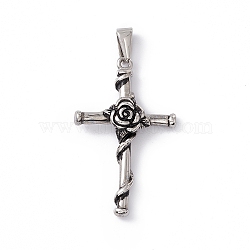 304 Stainless Steel Pendants, Cross with Rose Charms, Antique Silver, 40x24.5x6mm, Hole: 3x7mm(STAS-G285-08AS)