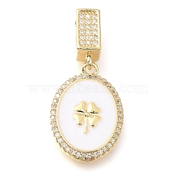 Brass Micro Pave Cubic Zirconia Pendants, with Enamel, Oval, Four Leaf Clover Charms, White, 30.5x14.5x3mm, Hole: 7x4mm(KK-S049-01G-B)