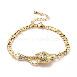 Cubic Zirconia Leopard Link Bracelet Brass Curb Chains for Women, Real 18K Gold Plated, 7-1/4 inch(18.3cm), Leopard: 23x16x3.5mm(BJEW-G664-01G-02)