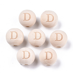 Unfinished Natural Wood European Beads, Large Hole Beads, Laser Engraved Pattern, Round with Word, Letter.D, 15~16x14~15mm, Hole: 4mm(WOOD-S045-143A-01D)