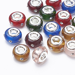 Resin Rhinestone European Beads, Large Hole Beads, with Silver Color Plated Brass Cores, Rondelle, Mixed Color, 14~14.5x9~9.5mm, Hole: 5mm(RPDL-S012-C)
