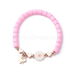 Polymer Clay & Natural Shell Daisy & Heart Beaded Stretch Bracelet, 304 Stainless Steel Butterfly Charms Bracelet for Women, Pink, Inner Diameter: 2 inch(5.1cm)(BJEW-JB08846)