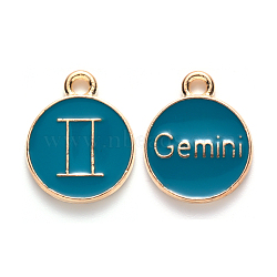 Alloy Enamel Pendants, Cadmium Free & Lead Free, Flat Round with Constellation, Light Gold, Dark Cyan, Gemini, 15x12x2mm, Hole: 1.5mm(X-ENAM-S124-01B-05I)