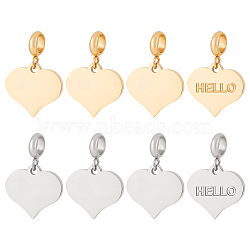4 Sets 2 Colors Engravable 304 Stainless Steel European Dangle Charms, with 201 Stainless Steel Tube Bails, Heart, Golden & Stainless Steel Color, 20mm, Pendant: 13x14x1.5mm, Hole: 1.8mm(FIND-BC0004-31)