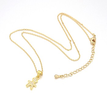 Human/Boy Real 18K Gold Plated Plated Alloy Micro Pave Cubic Zirconia Pendant Necklaces, with Brass Chains, Clear, 16.1 inch