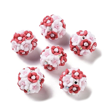 Luminous Resin Pave Rhinestone Beads, Glow in the Dark Flower Round Beads with Porcelain, Crimson, 19~22mm, Hole: 2mm