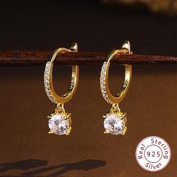 925 Sterling Silver Hoop Earrings, Clear Cubic Zirconia Drop Earrings, with 925 Stamp, Golden, 22x5mm