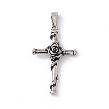 304 Stainless Steel Pendants, Cross with Rose Charms, Antique Silver, 40x24.5x6mm, Hole: 3x7mm