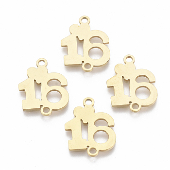 201 Stainless Steel Links connectors, Laser Cut, Number 16, Golden, 17.5x13.5x1mm, Hole: 1.6mm