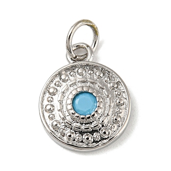 Rack Plating Brass Deep Sky Blue Micro Pave Deep Sky Blue Cubic Zirconia Pendants, with Jump Ring, Cadmium Free & Lead Free, Long-Lasting Plated, Flat Round, Platinum, 13.5x11x2mm, Hole: 3.4mm