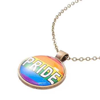 Rainbow Pride Necklace, Pride Word Flat Round Pendant Necklace for Men Women, Antique Bronze, Word, 20.08 inch(51cm) 