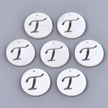 Natural Freshwater Shell Charms, Flat Round with Hollow Out Letter, Letter.T, 14.5x1.5mm, Hole: 0.9mm