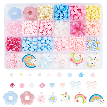 Elite DIY Jewelry Making Finding Kit, Including Acrylic & Glass Pearl Beads, Resin Pendants, Heart & Bowknot & Flower & Rainbow & Unicorn & Flower, Mixed Color, 790Pcs/box
