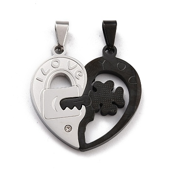 Titanium Steel Couple Pendants, Split Pendants, with Crystal Rhinestone, for Valentine's Day, Heart with Lock & Key & Word I LOVE YOU, Electrophoresis Black & Stainless Steel Color, 32x32x2.5mm, Hole: 7x3.5~4mm