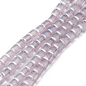 Transparent Electroplate Glass Beads Strands, Faceted, Cube, Pearl Luster Plated, Plum, 7x7x7mm, Hole: 1.2mm, about 99~100pcs/strand, 27.17~27.95 inch(69~71cm)