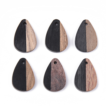 Resin & Walnut Wood Pendants, teardrop, Black, 21.5x14.5x3.5mm, Hole: 1.8mm