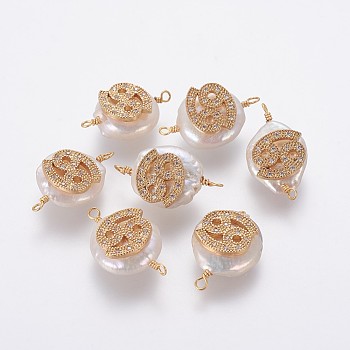 Natural Pearl Links connectors, with Brass Micro Pave Cubic Zirconia Findings, Flat Round with Constellation, Golden, Clear, Cancer, 20~26x9~17x5~11mm, Hole: 1.6mm