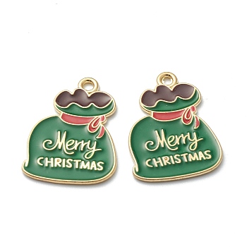Alloy Enamel Pendants, for Christmas, Light Gold Plated, Bag with Word Merry Christmas, Green, 24x17.5x1mm, Hole: 1mm