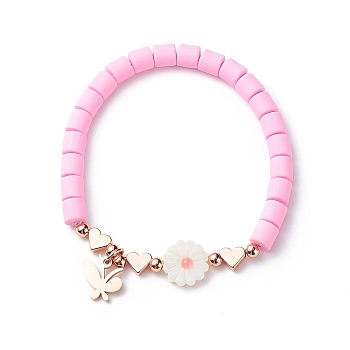 Polymer Clay & Natural Shell Daisy & Heart Beaded Stretch Bracelet, 304 Stainless Steel Butterfly Charms Bracelet for Women, Pink, Inner Diameter: 2 inch(5.1cm)