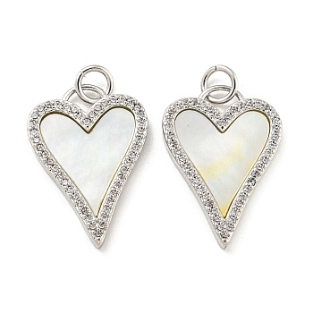 Brass Micro Pave Clear Cubic Zirconia Pendants, with Shell, Heart Charms, Real Platinum Plated, 21.5x15x2mm, Hole: 3mm