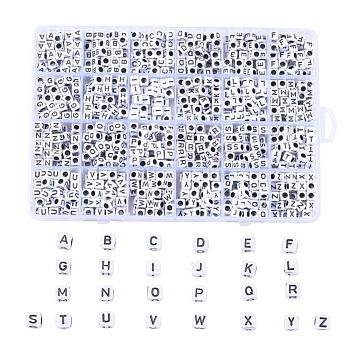 Élaborer perles acryliques, style alphabet, trou horizontal, cube, lettre a ~ z, 6x6x6mm, Trou: 3mm, environ 934 pcs / boîte