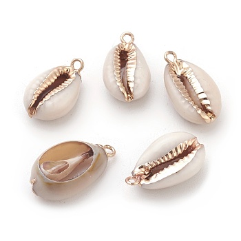 Electroplate Cowrie Shell Pendants, with Iron Findings, 16~24x8~13x6~7mm, Hole: 1.8mm