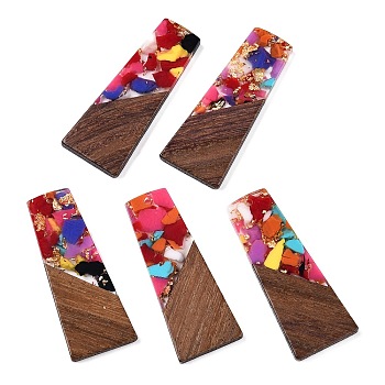 Opaque Resin & Walnut Wood Pendants, with Glitter Powder, Trapezoid, Colorful, 49x19x3.5mm, Hole: 2mm