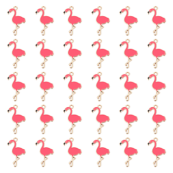 40Pcs Alloy Enamel Pendants, Flamingo Shape, Golden, Hot Pink, 28.5x18x1mm, Hole: 2mm