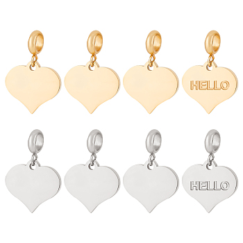 4 Sets 2 Colors Engravable 304 Stainless Steel European Dangle Charms, with 201 Stainless Steel Tube Bails, Heart, Golden & Stainless Steel Color, 20mm, Pendant: 13x14x1.5mm, Hole: 1.8mm