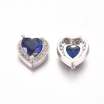 Brass Micro Pave Cubic Zirconia Beads, Heart, Blue & Clear, Platinum, 12x12.5x6.5mm, Hole: 1x2mm