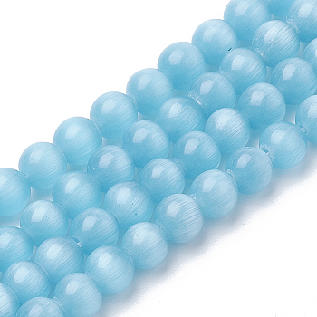 Cat Eye Bead Strands, Round, Light Sky Blue, 8mm, Hole: 1.2mm, about 50pcs/strand, 15.5 inch