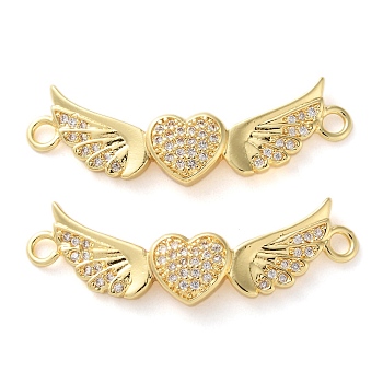 Rack Plating Brass Clear Cubic Zirconia Wing Heart Connector Charms, Long-Lasting Plated, Lead Free & Cadmium Free, Real 18K Gold Plated, 13x34.5x3.8mm, Hole: 1.9mm