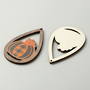 Halloween Theme Printed Wood Big Pendants, Teardrop Charms, Pumpkin Pattern, 54.5x34x2.5mm, Hole: 1.6mm