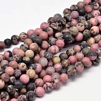 Frosted Natural Rhodonite Round Bead Strands, 6mm, Hole: 1mm, about 63pcs/strand, 15 inch(G-F266-13-6mm)