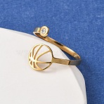 304 Stainless Steel Cuff Open Rings, with Rhinestone, Cadmium Free & Lead Free & Nickel Free, Golden, Basketball, 15.5mm,US Size 8 3/4(18.7mm)(RJEW-D337-01B-G)