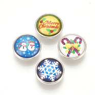 Christmas Pattern Brass Glass Snap Buttons, Jewelry Buttons, Flat Round, Platinum, Mixed Color, 18x9mm, Knob: 5.5mm(X-SNAP-Q007-097P-M)