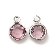 304 Stainless Steel with Glass Charms, Stainless Steel Color, Faceted Flat Round, Flamingo, 9.5x6.5x2mm, Hole: 1.5mm(STAS-G305-11P-06)