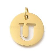 Ion Plating(IP) 304 Stainless Steel Pendants, with Jump Ring, Laser Cut, Flat Round with Letter Charm, Real 18K Gold Plated, Letter U, 20x1mm, Hole: 4.5mm(STAS-M074-01G-U)