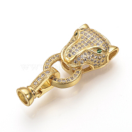 Brass Micro Pave Cubic Zirconia Fold Over Clasps, Cheetah Head, Golden, 31mm, Hole: 2mm(ZIRC-S058-02G)