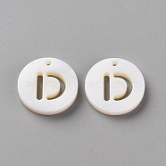 Natural Freshwater Shell Pendants, Flat Round with Letter, Letter.D, 12x1.5mm, Hole: 1mm(SHEL-Q311-008D)