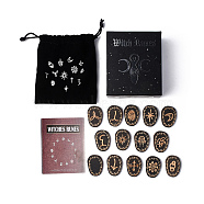 Wood Witch Runes, Engraved Gypsy Symbol for Meditation Divination, with Drawstring Storage Cloth Bag & Triple Moon Goddess Pattern Box, Black, Wood Rune: 35x25x4mm, 14pcs(AJEW-E052-02)