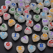 Luminous Acrylic Beads, Horizontal Hole, Heart with Random Letters, Mixed Color, 7x7x4mm, Hole: 1.6mm, about 3600pcs/500g(LACR-Q003-003)