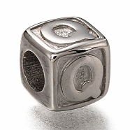 304 Stainless Steel European Beads, Large Hole Beads, Horizontal Hole, Cube with Letter, Stainless Steel Color, Letter.Q, 8x8x8mm, Hole: 4.5mm(OPDL-L020-001Q)