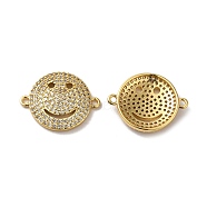 Eco-Friendly Rack Plating Brass Micro Pave Clear Cubic Zirconia Connector Charms, Long-Lasting Plated, Lead Free & Cadmium Free, Flat Round with Smiling Face, Real 18K Gold Plated, 16.5x21.5x3mm, Hole: 1.4mm(KK-F853-31G)