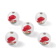 Printed Natural Wood European Beads, Large Hole Bead, Round with Mushroom Pattern, Red, 15.5mm, Hole: 4mm(WOOD-C015-05)
