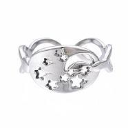 304 Stainless Steel Moon and Star Open Cuff Ring, Chunky Ring for Women, Stainless Steel Color, US Size 6 3/4(17.1mm)(RJEW-T023-12P)