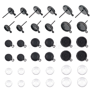 DIY Blank Dome Stud Earring Making Kit, Including 304 Stainless Steel Flat Round Stud Earring Settings with Loop, Glass Cabochons, Electrophoresis Black, 66Pcs/box(STAS-UN0040-32)