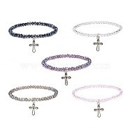 Glass Round Beaded Stretch Bracelet with Alloy Cross Charm for Women, Mixed Color, Inner Diameter: 2-1/4~2-3/8 inch(5.6~6cm)(BJEW-JB08509)