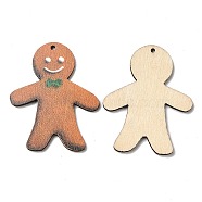 Single Face Christmas Printed Wood Big Pendants, Gingerbread Man Charms, Camel, 54.5x43.5x2.5mm, Hole: 2mm(WOOD-D025-22)